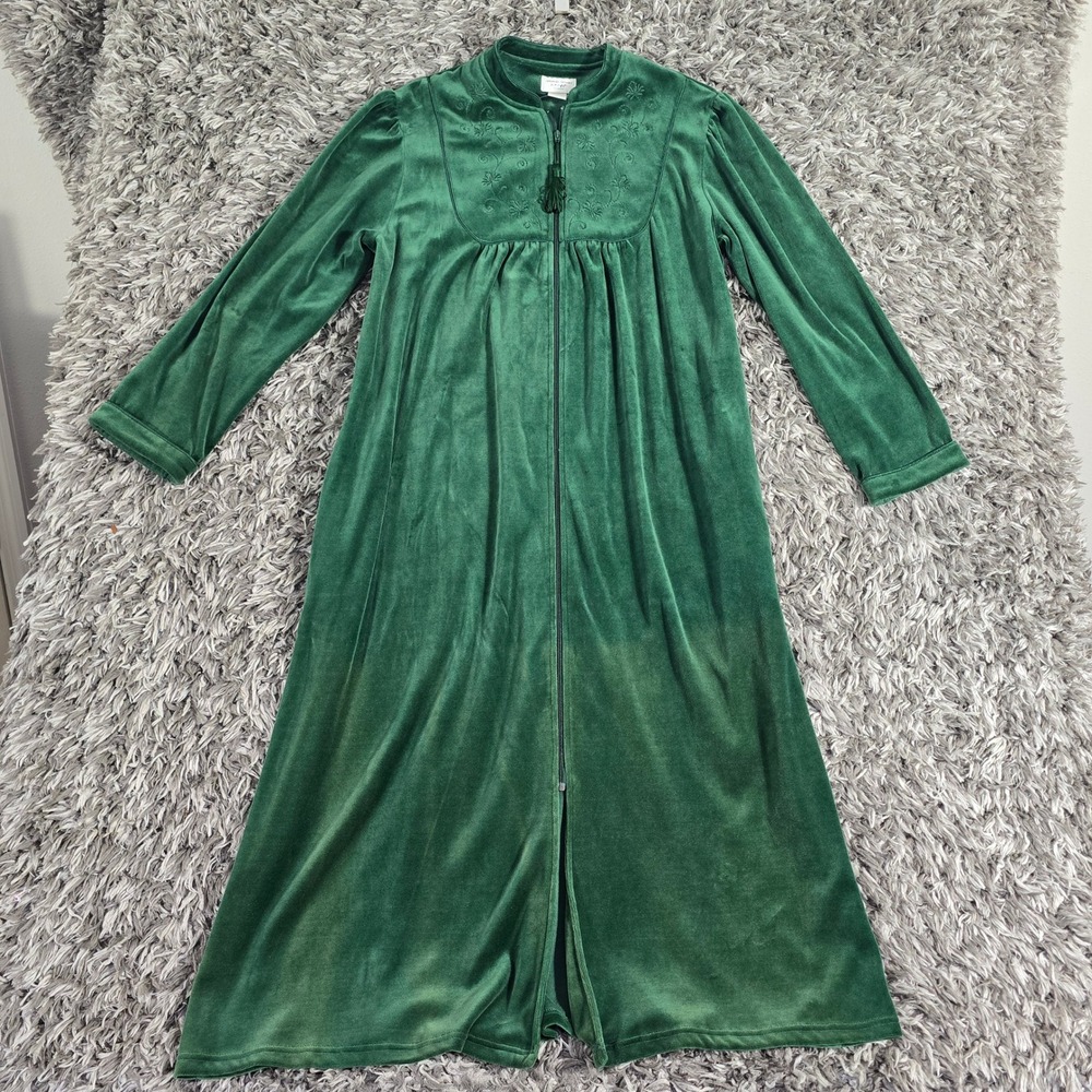 Amanda Stewart Intimates Green Velour Zip Front Robe Embroidered Maxi Sz L